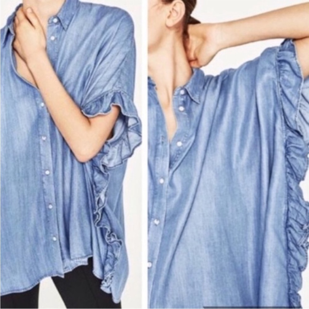 Zara Blue Denim Ruffled Button-Up Top - Picture 2 of 8